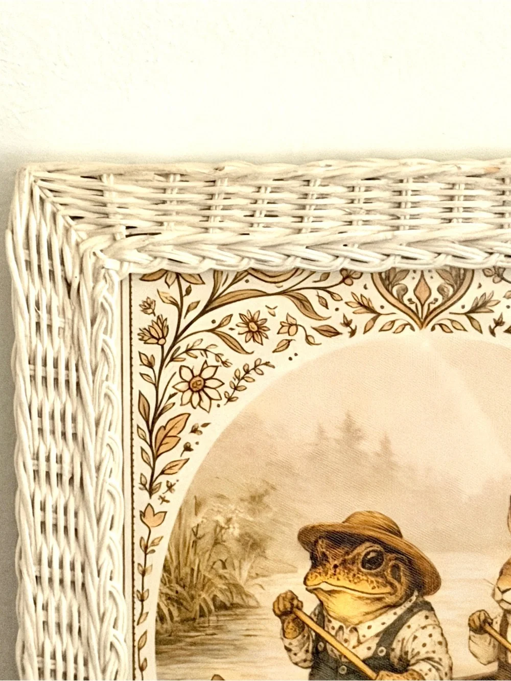 Frog & Bunny Rowing a Canoe Toad Rabbit Canvas Art Print Vintage Rattan Framed